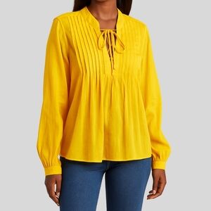 Rag & Bone Sachi Blouse Women's Size Large Yellow Top Boho Pintuck Tie Neck Silk